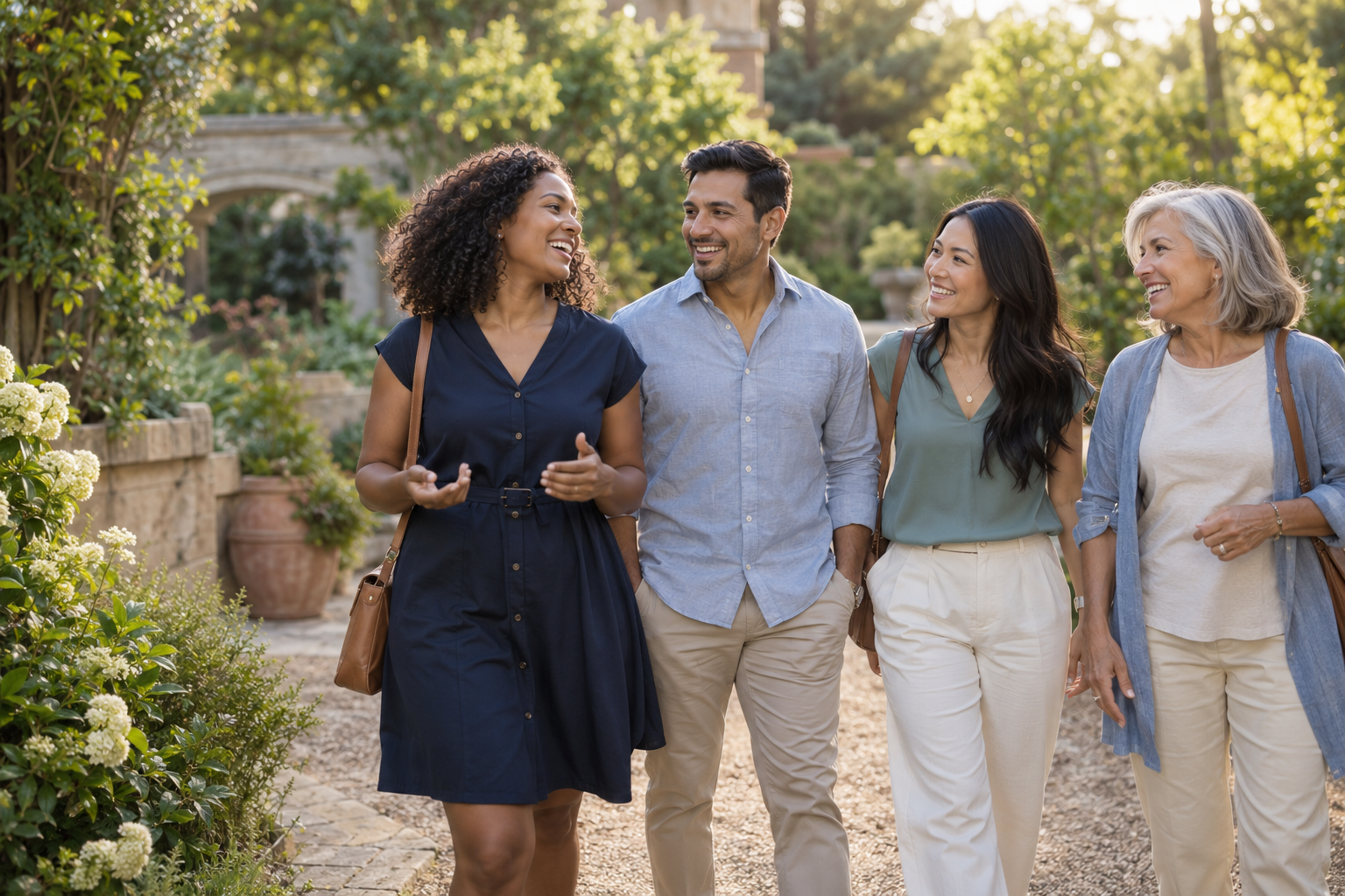 adultos de unos 30 años y una mujer mayor sonriendo en un jardín soleado